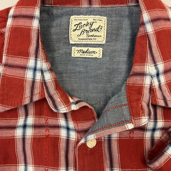 LUCKY BRAND Red Plaid Long Sleeve Button Front Shirt Chambray Lined, sz MD - Picture 5 of 8